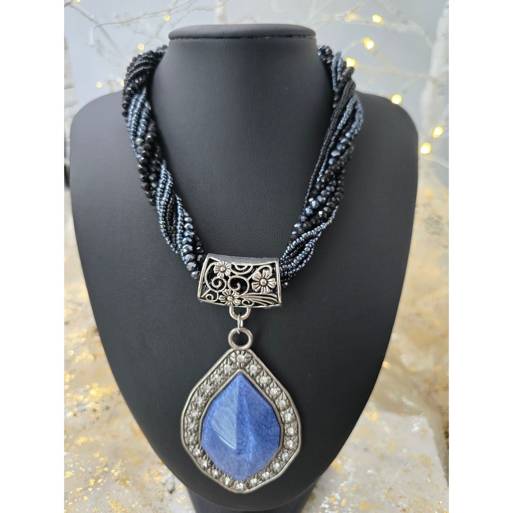 Seed Bead Statement Necklace Pendant Silver Tone Blue Plastic Black Grey Beaded